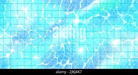 Vue de dessus de la piscine vide texture sans couture avec reflet de lumière du soleil, ondulations caustiques et sol carrelé. Motif de surface d'eau bleu clair. V lumineux Illustration de Vecteur