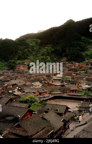 An aerial view of the rooftops of the old traditional houses in Langde Miao Ethnic Minority Village, Guizhou Province, China Stock Photo