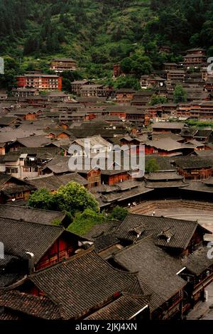 An aerial view of the rooftops of the old traditional houses in Langde Miao Ethnic Minority Village, Guizhou Province, China Stock Photo