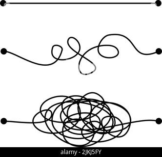 Concept de solution à méthodes dures, moyennes et faciles illustré par des lignes droites et enchevêtrées. Décision de chemin simple et complexe. Illustration vectorielle. Illustration de Vecteur