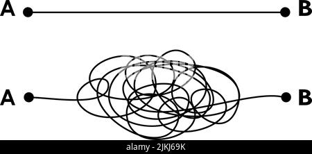 Concept de solution de méthode simple et dure illustré par des lignes droites et enchevêtrées. Décision de chemin simple et complexe. Illustration vectorielle. Illustration de Vecteur