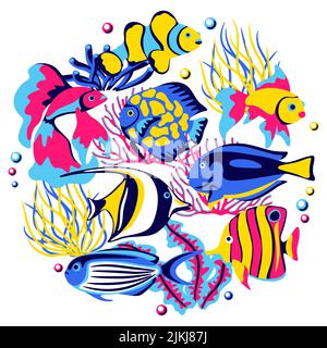 Arrière-plan avec poissons tropicaux. Aquarium marin et animaux marins. Image stylisée en couleurs vives. Illustration de Vecteur