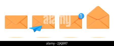3D ensemble d'enveloppes de courrier jaune ouvertes et fermées Illustration de Vecteur