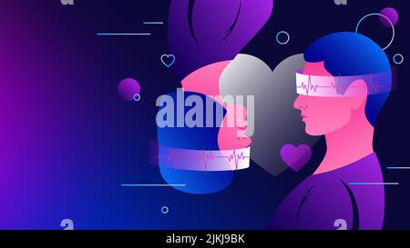 Trouver l'amour dans Metaverse. Jeune couple en réalité virtuelle, relation romantique Illustration. Illustration vectorielle Illustration de Vecteur
