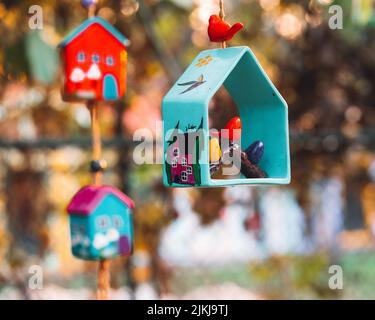 A selective focus shot of a wooden bird feeder hanging on the tree Stock Photo