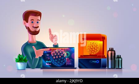 3D personnage de sourire homme avec imprimante 3D montrant 3D tutoriel d'impression à l'écran ordinateur portable. Isolé Cartoon ingénieux ingénieur enseignant ordinateur Illustration de Vecteur
