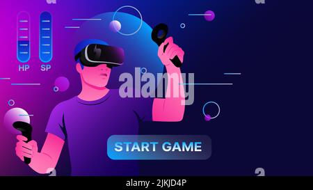 Jeux vidéo dans Metaverse. Activités de loisirs en réalité virtuelle. Illustration vectorielle Illustration de Vecteur