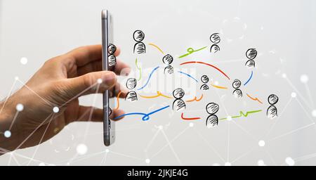 A 3D illustration of a network of people projecting from a mobile phone - global network, blockchain, neural networks concept Stock Photo