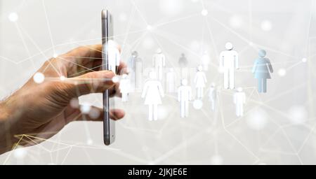 A 3D illustration of a network of people projecting from a mobile phone - global network, blockchain, neural networks concept Stock Photo