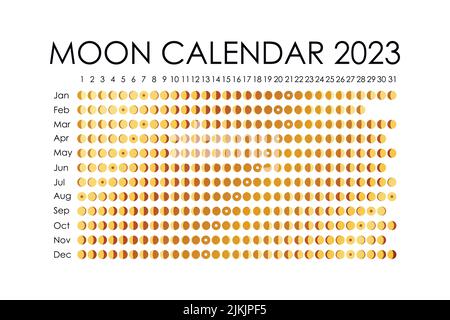 2023 Calendrier de la Lune.Conception de calendrier astrologique. planificateur.Placez les autocollants.Maquette du planificateur de cycle mensuel.Arrière-plan noir et blanc isolé Illustration de Vecteur