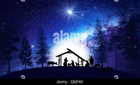 Animation de la scène de Noël avec étoiles scintillantes et personnages de la nativité. Noël Nativité sous un ciel étoilé et des nuages en mouvement sur le bleu. Banque D'Images