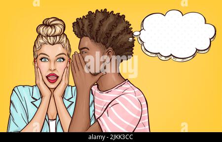 Vecteur pop art noir homme chuchote à l'oreille des gossips ou des secrets de la surprise blonde fille. Femme de beauté choquée avec la bouche ouverte écouter des nouvelles choquantes ou des informations sur les ventes, l'annonce, les réductions. Illustration de Vecteur