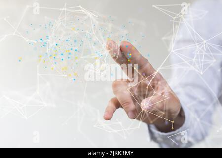 La main touchant une illustration numérique du concept de réseau numérique et de données de la conférence en 3D Banque D'Images