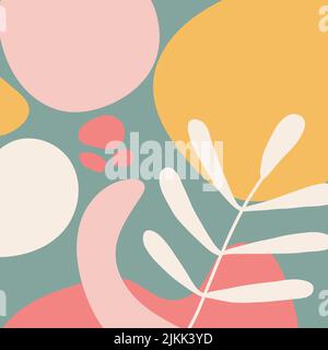 Éléments abstraits et floraux contemporains dessinés à la main, sur fond vert pastel. Des gribouillages d'abstraction et des formes organiques. Pour les publications sur les médias sociaux Illustration de Vecteur