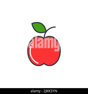 Illustration vectorielle de l'icône de couleur de ligne Apple. Silhouette de fruits rouges entiers. Pomme avec feuille sur fond blanc. Pictogramme des aliments biologiques sains Illustration de Vecteur