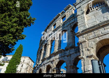 A low angle shot of the beautiful architecture of Pula Arena in Croatia Stock Photo