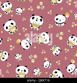 Kawaii panda joyeux anniversaire vecteur sans couture motif arrière-plan. Toile de fond mignonne avec des ours de dessin animé riant tenant des gâteaux, des ballons, des cupcakes. Rose Illustration de Vecteur