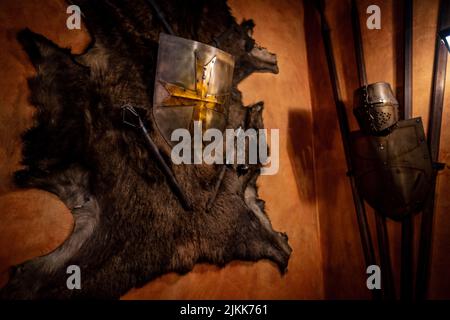 A closeup shot of an old sword, shield, animal fur on a brown wall from the Roman era Stock Photo