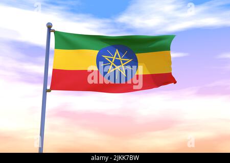 Drapeau de l'Ethiopie avec mât de drapeau chromé dans le ciel bleu agitant dans le vent. Indicateur haute résolution avec clarté. 3D illustration Banque D'Images