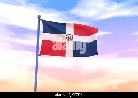 Drapeau de la République dominicaine avec mât de drapeau chromé dans le ciel bleu agitant dans le vent. Indicateur haute résolution avec clarté. 3D illustration Banque D'Images