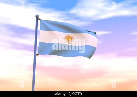 Drapeau de l'Argentine avec mât de drapeau chromé dans le ciel bleu agitant dans le vent. Indicateur haute résolution avec clarté. 3D illustration Banque D'Images