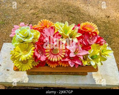 Une variété de fleurs colorées dans un pot à l'extérieur Banque D'Images