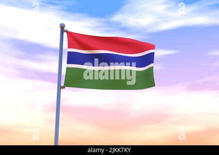 Drapeau de Gambie avec mât de pavillon chromé dans le ciel bleu agitant dans le vent. Indicateur haute résolution avec clarté. 3D illustration Banque D'Images