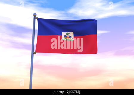 Drapeau d'Haïti avec mât de pavillon chromé dans le ciel bleu agitant dans le vent. Indicateur haute résolution avec clarté. 3D illustration Banque D'Images