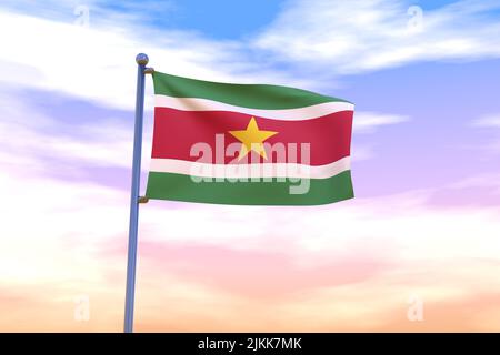 Drapeau du Suriname avec mât de pavillon chromé dans le ciel bleu agitant dans le vent. Indicateur haute résolution avec clarté. 3D illustration Banque D'Images