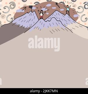 Message présenté sous les hommes randonnée au sommet des montagnes avec neige. Deux randonneurs grimpant sur les falaises pour atteindre Un but. Grimpeurs qui monte avec les nuages dedans Illustration de Vecteur