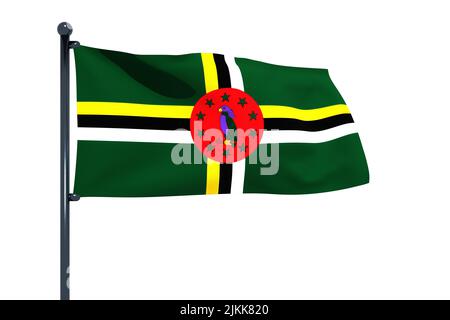 3D illustration du drapeau de la Dominique avec mât de drapeau chromé avec crochets à pression agitant dans le ciel bleu. Fond blanc via un canal alpha de grande précision Banque D'Images