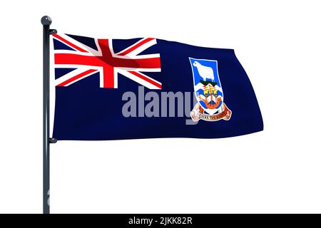 3D illustration du drapeau des îles Falkland (Malvinas) avec mât de drapeau chromé avec crochets à pression agitant dans le ciel bleu. Arrière-plan blanc via un canal alpha Banque D'Images