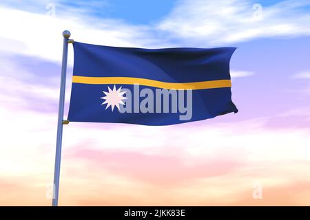 Drapeau de Nauru avec mât de drapeau chromé dans le ciel bleu agitant dans le vent. Indicateur haute résolution avec clarté. 3D illustration Banque D'Images