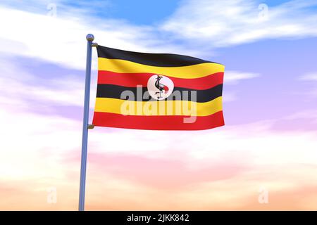 Drapeau de l'Ouganda avec mât de pavillon chromé dans le ciel bleu agitant dans le vent. Indicateur haute résolution avec clarté. 3D illustration Banque D'Images