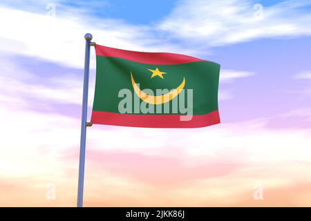 Drapeau de Mauritanie agité avec mât de pavillon chromé dans le ciel bleu agitant dans le vent. Indicateur haute résolution avec clarté. 3D illustration Banque D'Images