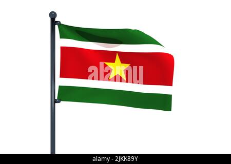 3D illustration du drapeau du Suriname avec mât de pavillon chromé avec crochets à pression qui agite dans le ciel bleu. Fond blanc via un canal alpha de grande précision Banque D'Images