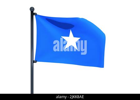 3D illustration du drapeau de la Somalie avec mât de pavillon chromé avec crochets à pression agitant dans le ciel bleu. Fond blanc via un canal alpha de grande précision. Banque D'Images