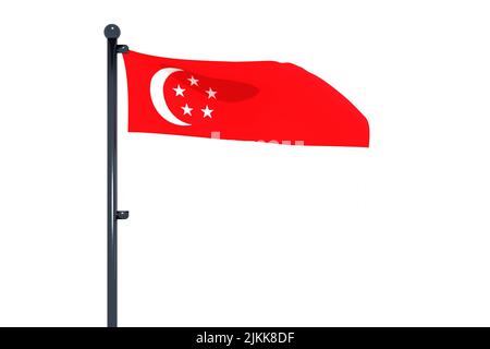 3D illustration du drapeau de Singapour avec mât de drapeau chromé avec crochets à pression qui agite dans le ciel bleu. Fond blanc via un canal alpha de grande precisio Banque D'Images