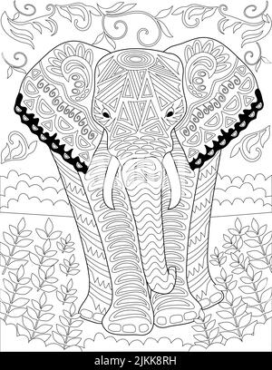 Page de livre de coloriage avec grand éléphant détaillé marche avant sur l'herbe. Feuille à colorer avec un énorme animal sauvage en avance. Créature massive avec Illustration de Vecteur
