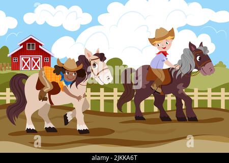 Les enfants font du poney. Joyeux garçons et filles pratiquant l'équitation sport leçon de jockey jeune sur ferme rurale. Enfants personnages en uniforme, chapeaux portant un bride et entraînement sur ranch. Illustration de Vecteur