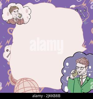 Les hommes d'affaires parlent sur les téléphones mobiles et présentent des idées importantes. Des hommes parlant sur des téléphones cellulaires et montrant des informations de base. Cadres Illustration de Vecteur