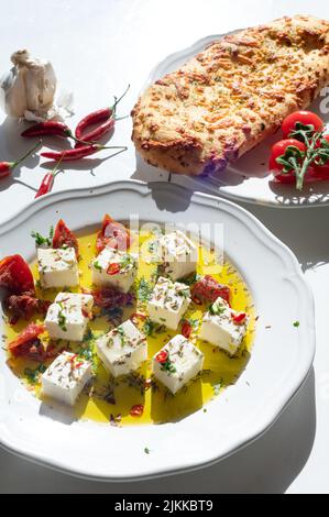 Un cliché d'angle vertical d'une sauce jaune sur une assiette et un peu de fromage feta. Banque D'Images