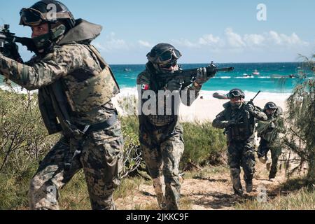 Kaneohe Bay, États-Unis. 01 août 2022. Les Marines d'infanterie navale mexicaines s'élantent sur la plage après leur arrivée sur des bateaux de combat en caoutchouc lors d'opérations multinationales sur le littoral dans le cadre de la ceinture du Pacifique à la base des Marines d'Hawaï, 1 août 2022, dans la baie de Kaneohe, à Hawaï. Crédit : Cpl. Dillon Anderson/Forces armées néo-zélandaises/Alamy Live News Banque D'Images