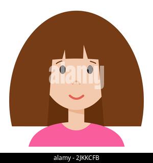 Drôle de visage de femme de dessin animé, avatar mignon ou portrait. Fille aux cheveux foncés. Jeune personnage pour la toile dans un style plat. Imprimer pour autocollant, émotiji, icône Illustration de Vecteur