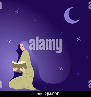 Femme lisant le livre Saint assis sur les genoux avec la Lune et le début en arrière-plan. Femme en vêtements traditionnels regardant le manuel. Fille avec hijab priant Illustration de Vecteur