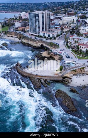 A vertical aerial view of the La Jolla Cove in San Diego Stock Photo