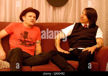 A closeup of Flea and Anthony Kiedis from Red Hot Chilli Peppers at an interview for CD USA Stock Photo