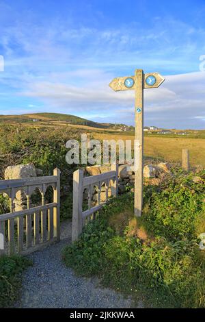 Anglesey Coastal Path et Wales Coast Path Fingerpost à Church Bay, Porth Swtan, île d'Anglesey, au nord du pays de Galles, Royaume-Uni. Banque D'Images
