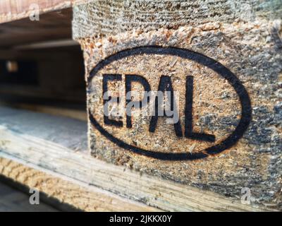 A closeup of Epal brand pallets stacked Stock Photo