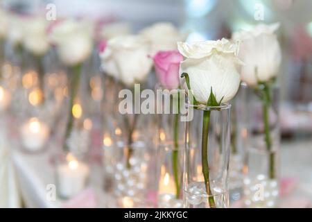 A selective focus shot of wedding decorations with roses and candles Stock Photo